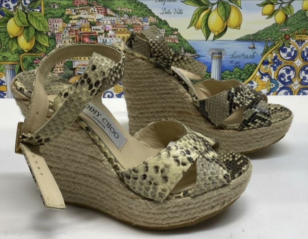 Jimmy Choo Snakeskin Leather Strappy Wedge Espadrille Sandals Sz 37 US 7 W/ COA